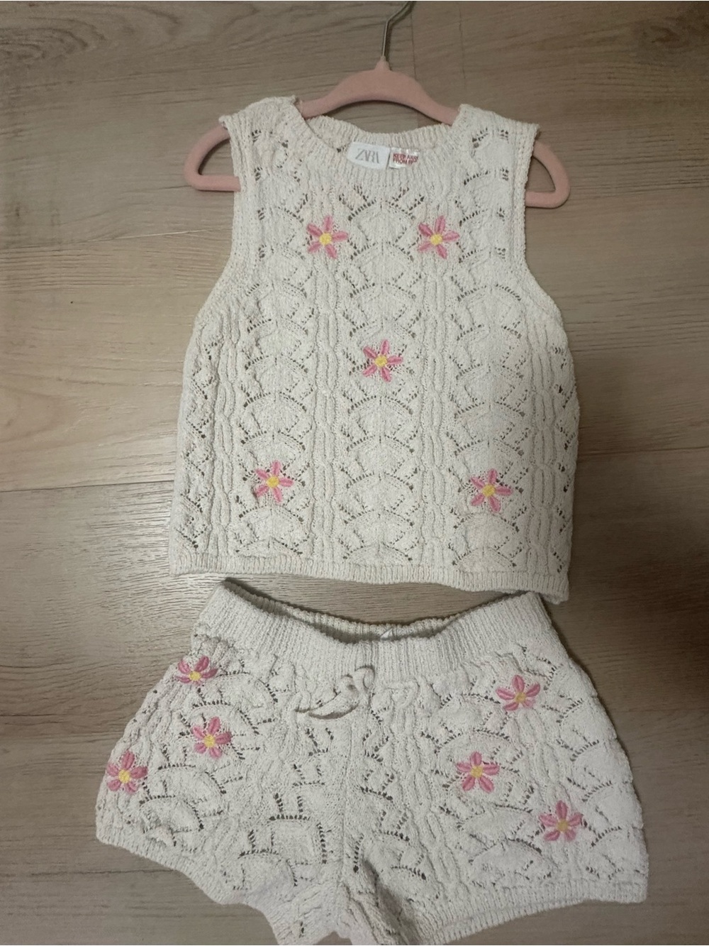 Zara Cream Crochet Knit Set with Pink Accents as 3/4